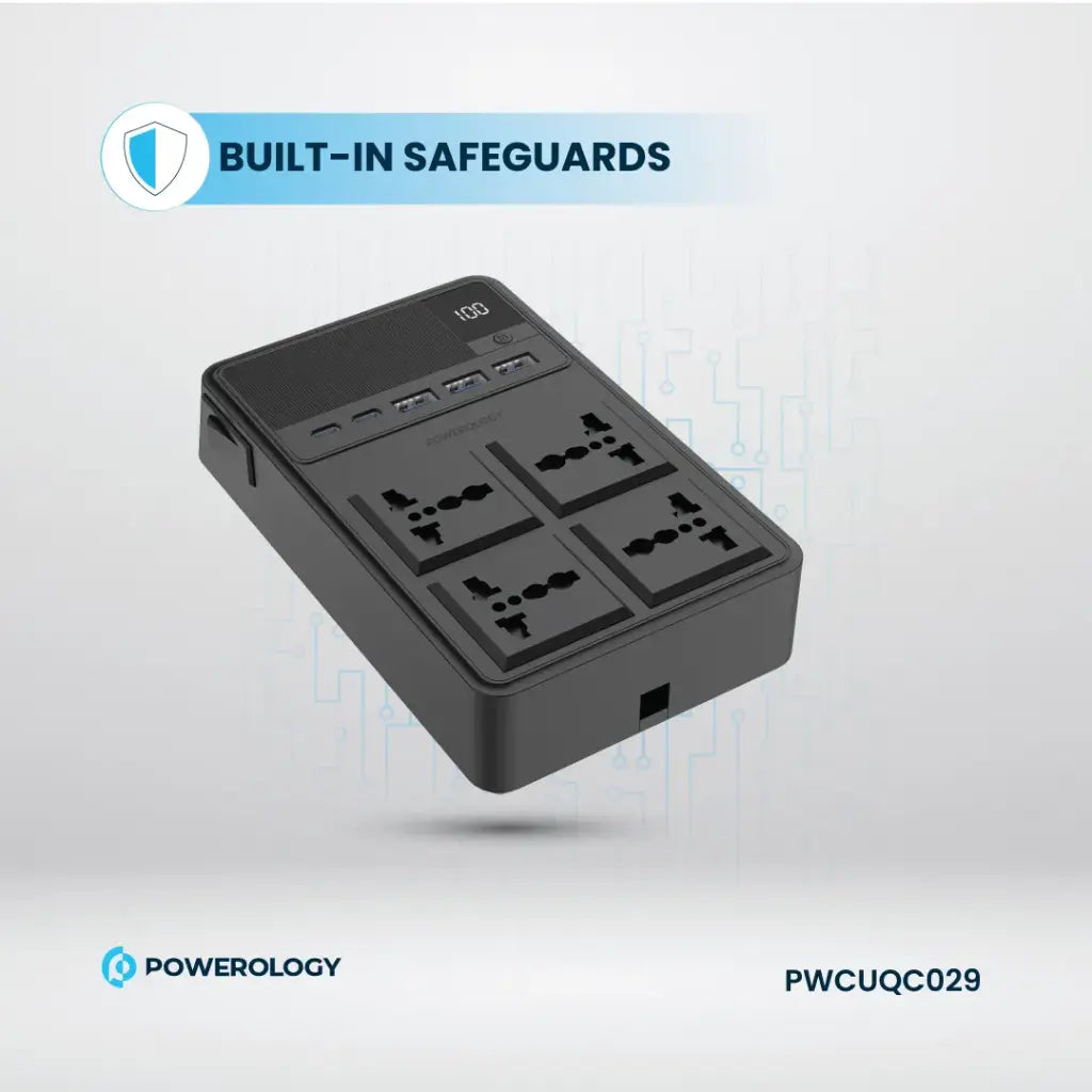 Powerology 4 AC Power Socket With X2 PD20W and X3 QC3.0 Port with USB -C PD20W & Lightning cable (3m wire) - Black