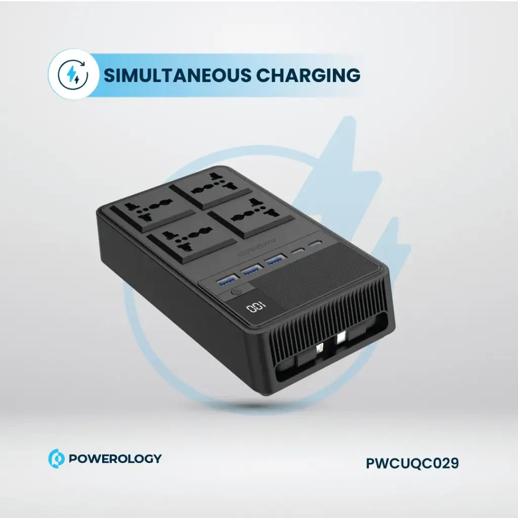 Powerology 4 AC Power Socket With X2 PD20W and X3 QC3.0 Port with USB -C PD20W & Lightning cable (3m wire) - Black