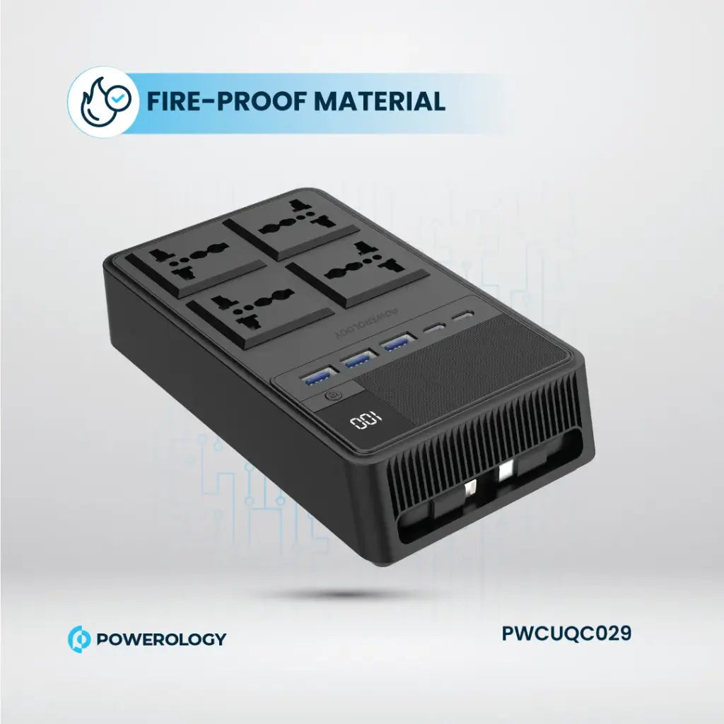 Powerology 4 AC Power Socket With X2 PD20W and X3 QC3.0 Port with USB -C PD20W & Lightning cable (3m wire) - Black