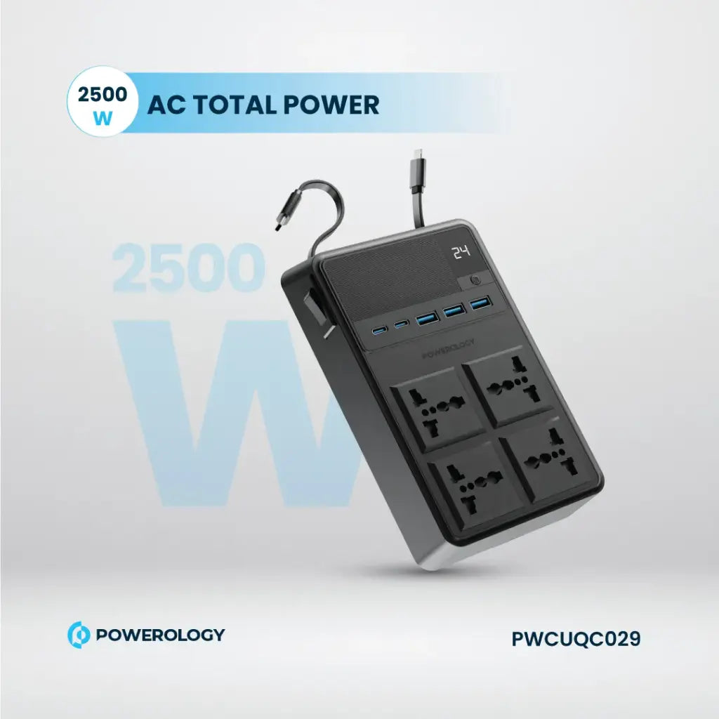 Powerology 4 AC Power Socket With X2 PD20W and X3 QC3.0 Port with USB -C PD20W & Lightning cable (3m wire) - Black