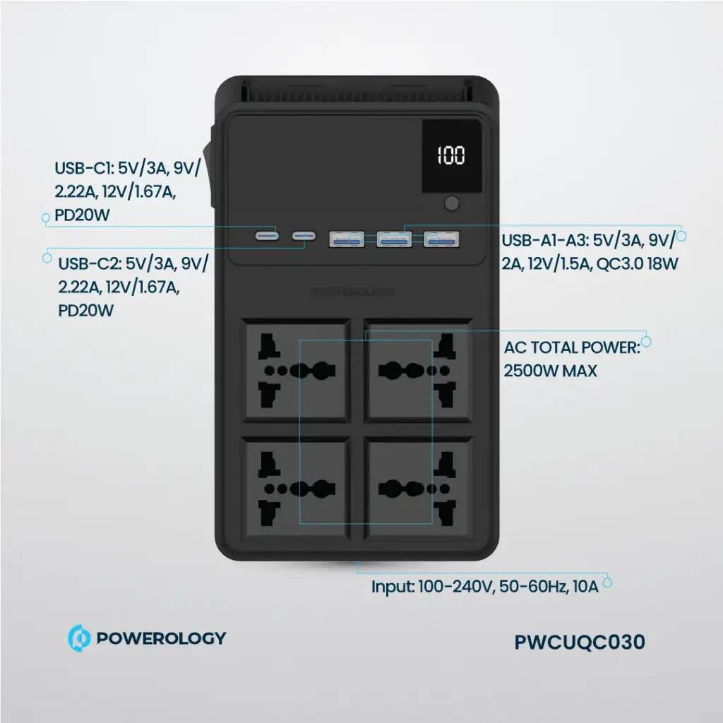 Powerology 4 AC Power Socket With X2 PD20W and X3 QC3.0 Port with USB -C PD20W & Lightning cable (3m wire) - Black