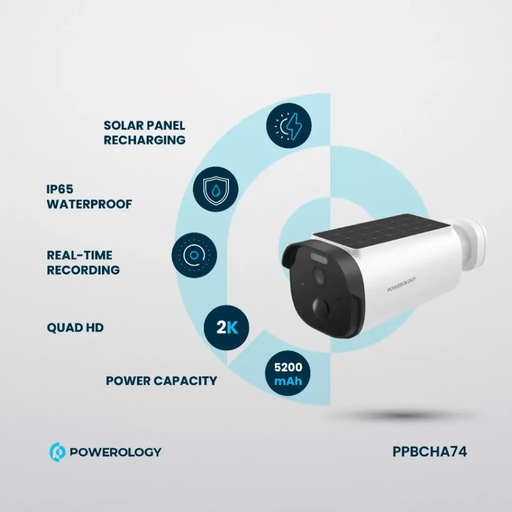 Powerology Outdoor Smart Waterproof 5W Solar Camera with 5200mAh and 256GB - White
