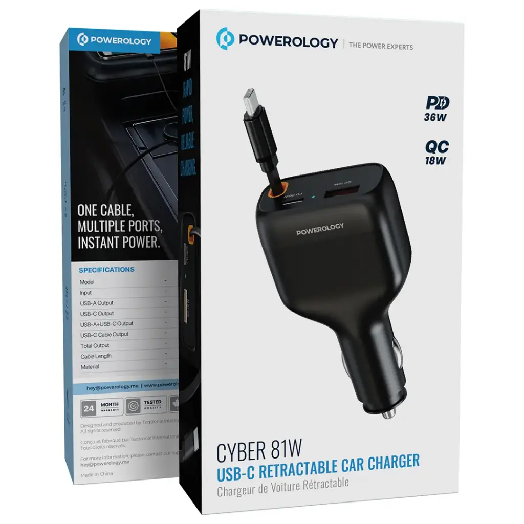 Powerology - Cyber 81W USB-C Retractable Car Charger Black - TECH STREET