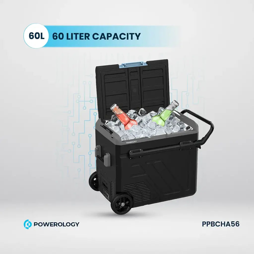 Powerology Portable Fridge 60L with Dual Compartment and Trolly