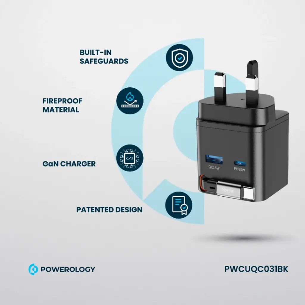Powerology GAN PD65W Dual-Port Charger + Cable Charger with Retractable Cable -