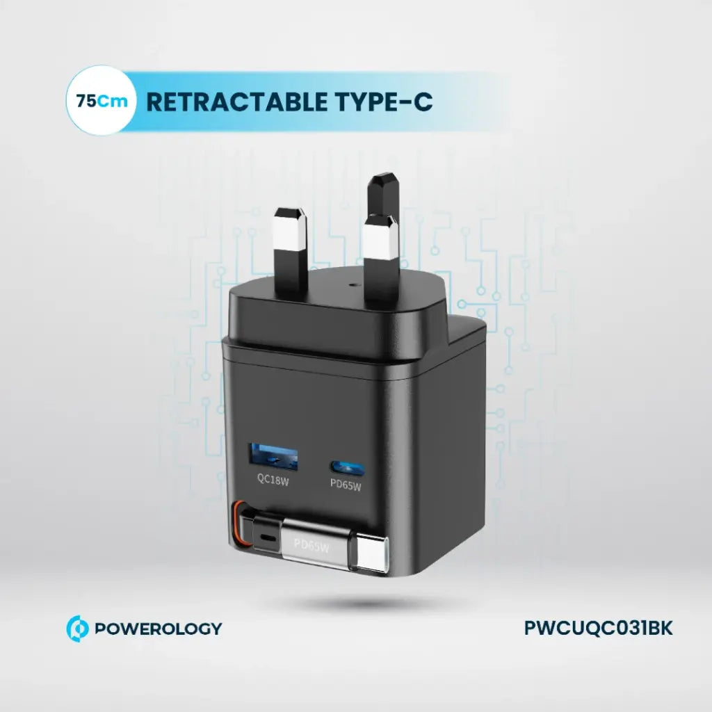 Powerology GAN PD65W Dual-Port Charger + Cable Charger with Retractable Cable -