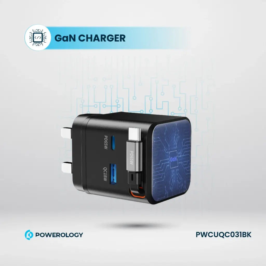 Powerology GAN PD65W Dual-Port Charger + Cable Charger with Retractable Cable -