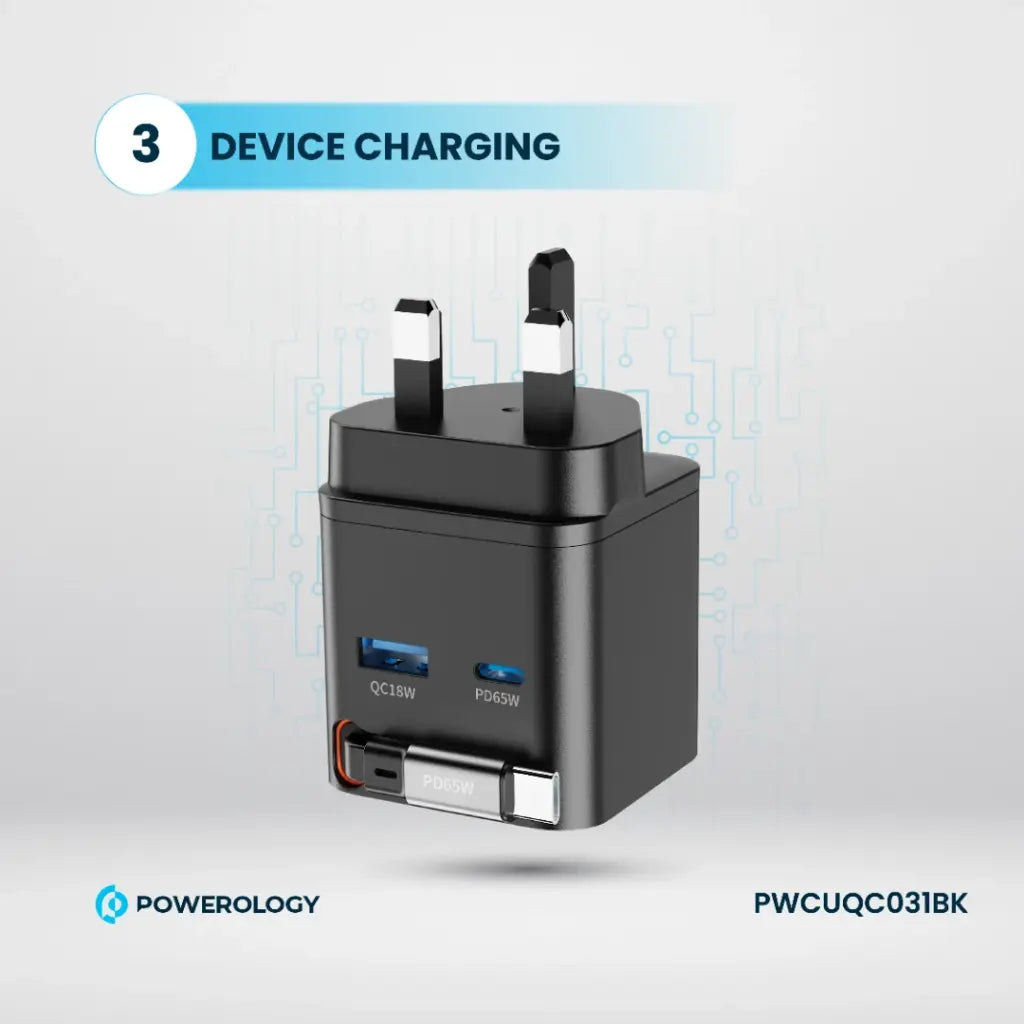 Powerology GAN PD65W Dual-Port Charger + Cable Charger with Retractable Cable -