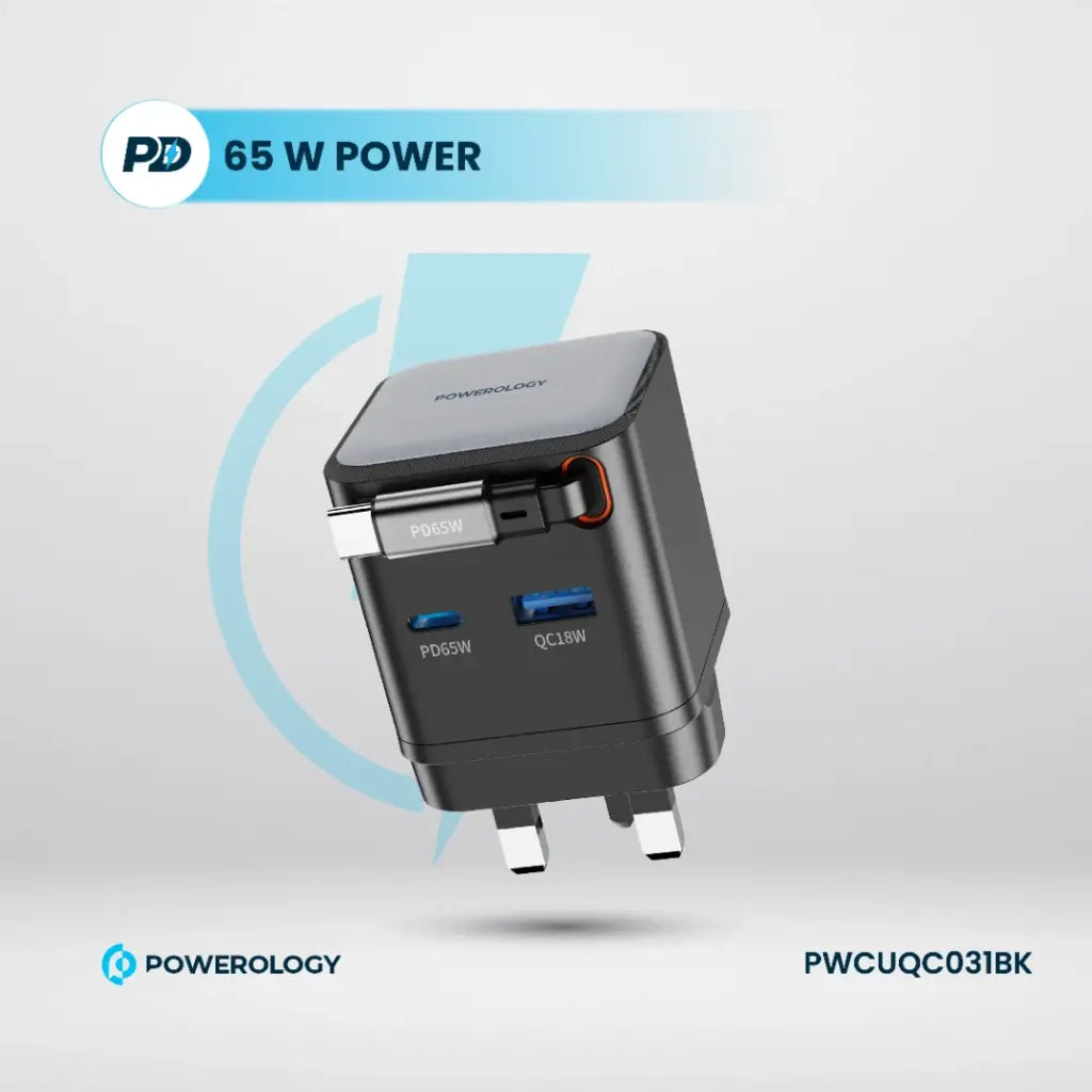 Powerology GAN PD65W Dual-Port Charger + Cable Charger with Retractable Cable -