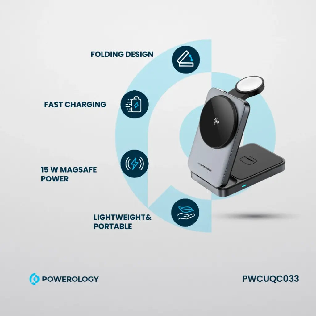 Powerology 3-in-1 Foldable Magnetic Wireless Charging Bracket - Black