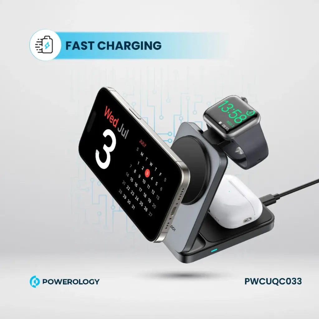 Powerology 3-in-1 Foldable Magnetic Wireless Charging Bracket - Black