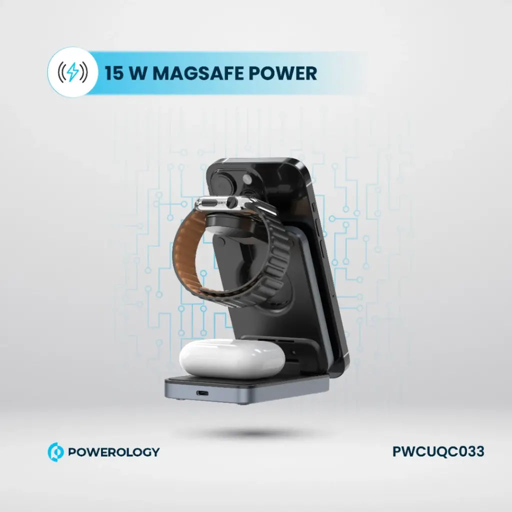 Powerology 3-in-1 Foldable Magnetic Wireless Charging Bracket - Black