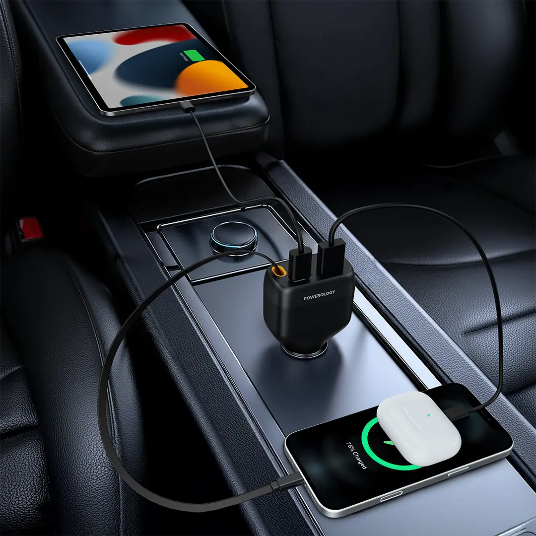 Powerology - Cyber 81W USB-C Retractable Car Charger Black - TECH STREET
