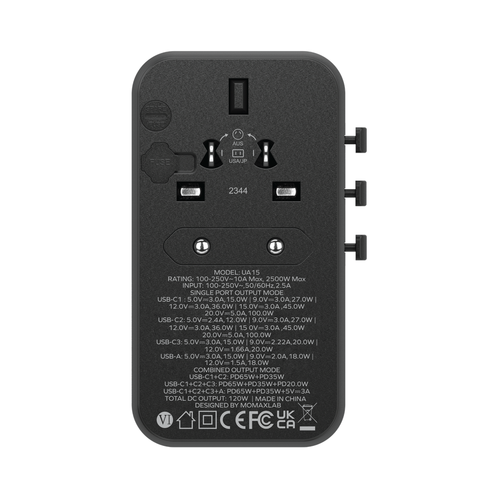 MOMAX 1-WORLD 120W GAN 4 PORTS AC TRAVEL ADAPTER WITH 100W USB-C TO USB-C CABLE