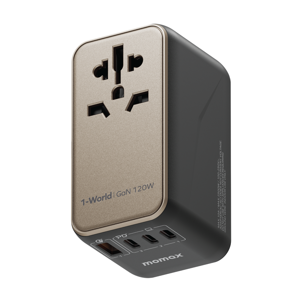 MOMAX 1-WORLD 120W GAN 4 PORTS AC TRAVEL ADAPTER WITH 100W USB-C TO USB-C CABLE