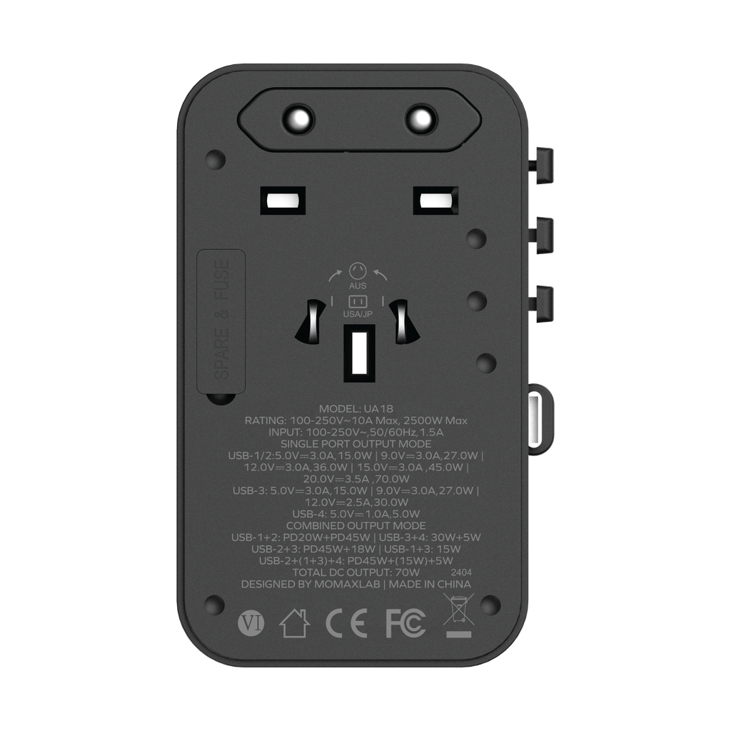 MOMAX 1-WORLD 70W GAN 3 PORT WITH BUILT-IN USB-C CABLE AC TRAVEL ADAPTOR