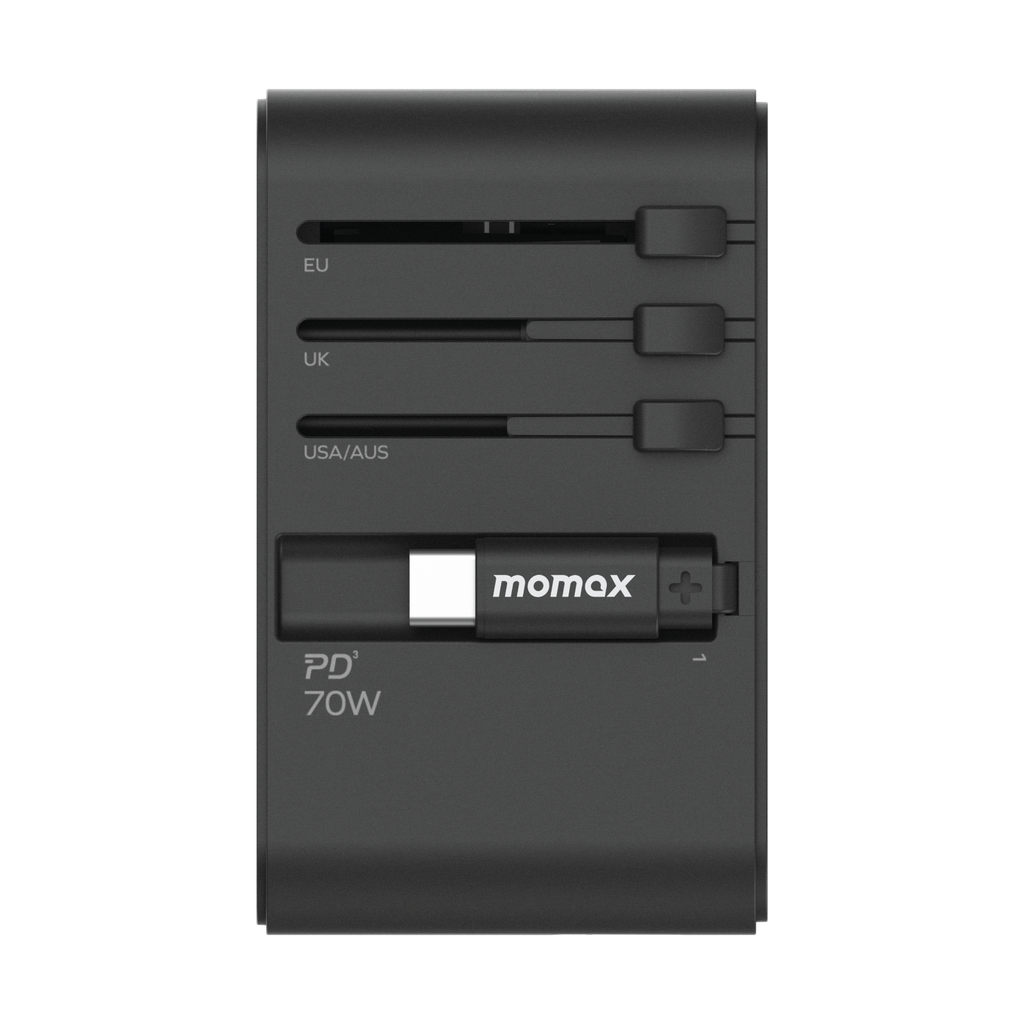 MOMAX 1-WORLD 70W GAN 3 PORT WITH BUILT-IN USB-C CABLE AC TRAVEL ADAPTOR