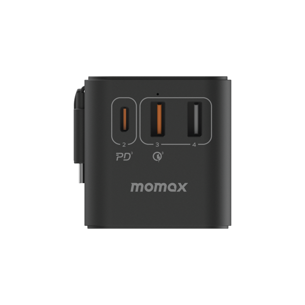 MOMAX 1-WORLD 70W GAN 3 PORT WITH BUILT-IN USB-C CABLE AC TRAVEL ADAPTOR