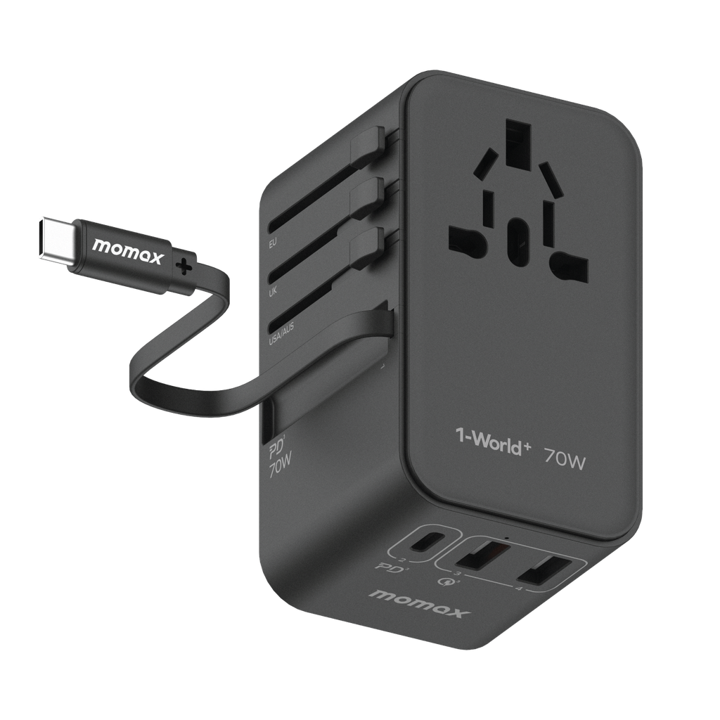 MOMAX 1-WORLD 70W GAN 3 PORT WITH BUILT-IN USB-C CABLE AC TRAVEL ADAPTOR