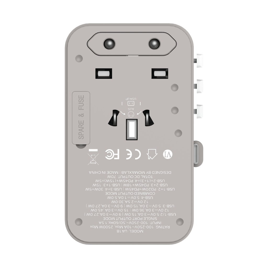 MOMAX 1-WORLD 70W GAN 3 PORT WITH BUILT-IN USB-C CABLE AC TRAVEL ADAPTOR