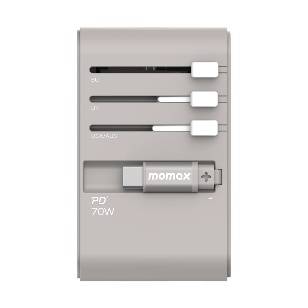 MOMAX 1-WORLD 70W GAN 3 PORT WITH BUILT-IN USB-C CABLE AC TRAVEL ADAPTOR