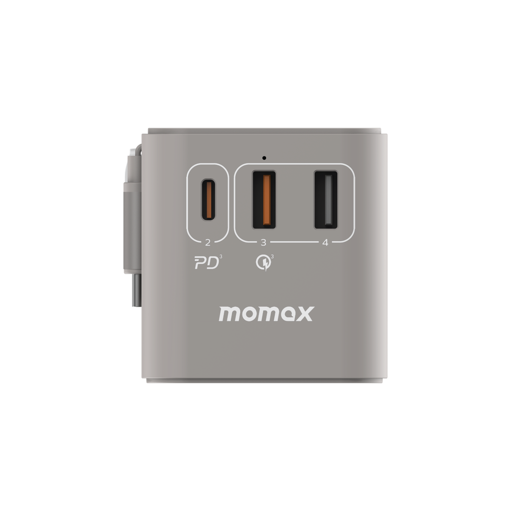 MOMAX 1-WORLD 70W GAN 3 PORT WITH BUILT-IN USB-C CABLE AC TRAVEL ADAPTOR