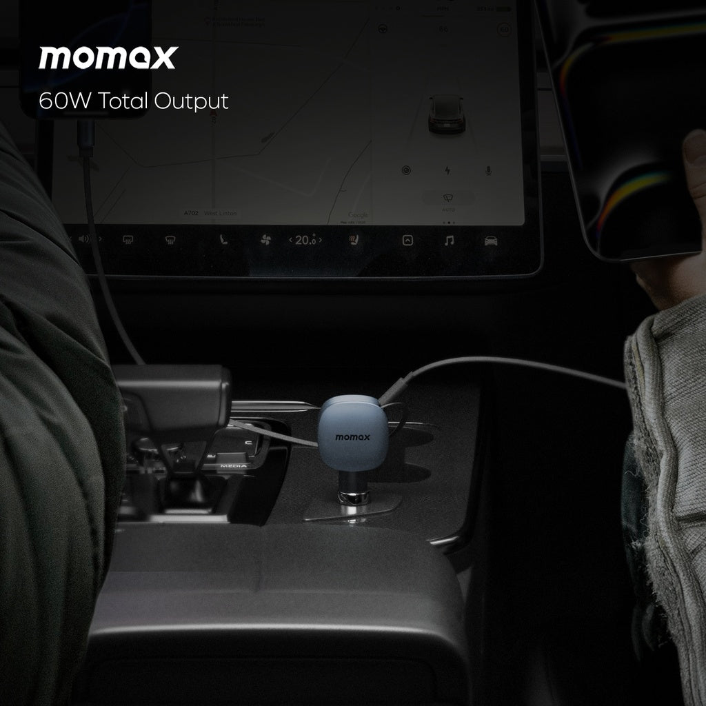 MOMAX 1-MOVE+ 60W 2-PORT CAR CHARGER WITH BUILT-IN RETRACTABLE CABLE