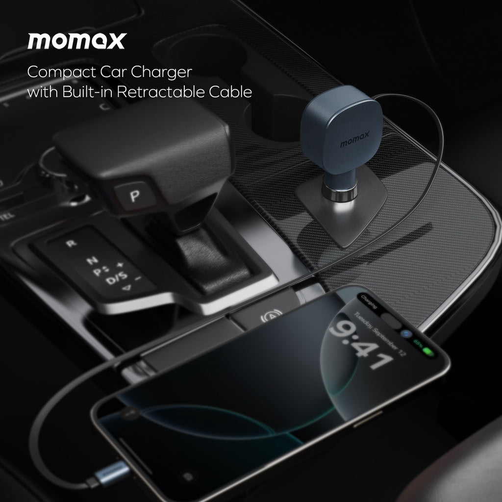 MOMAX 1-MOVE+ 60W 2-PORT CAR CHARGER WITH BUILT-IN RETRACTABLE CABLE