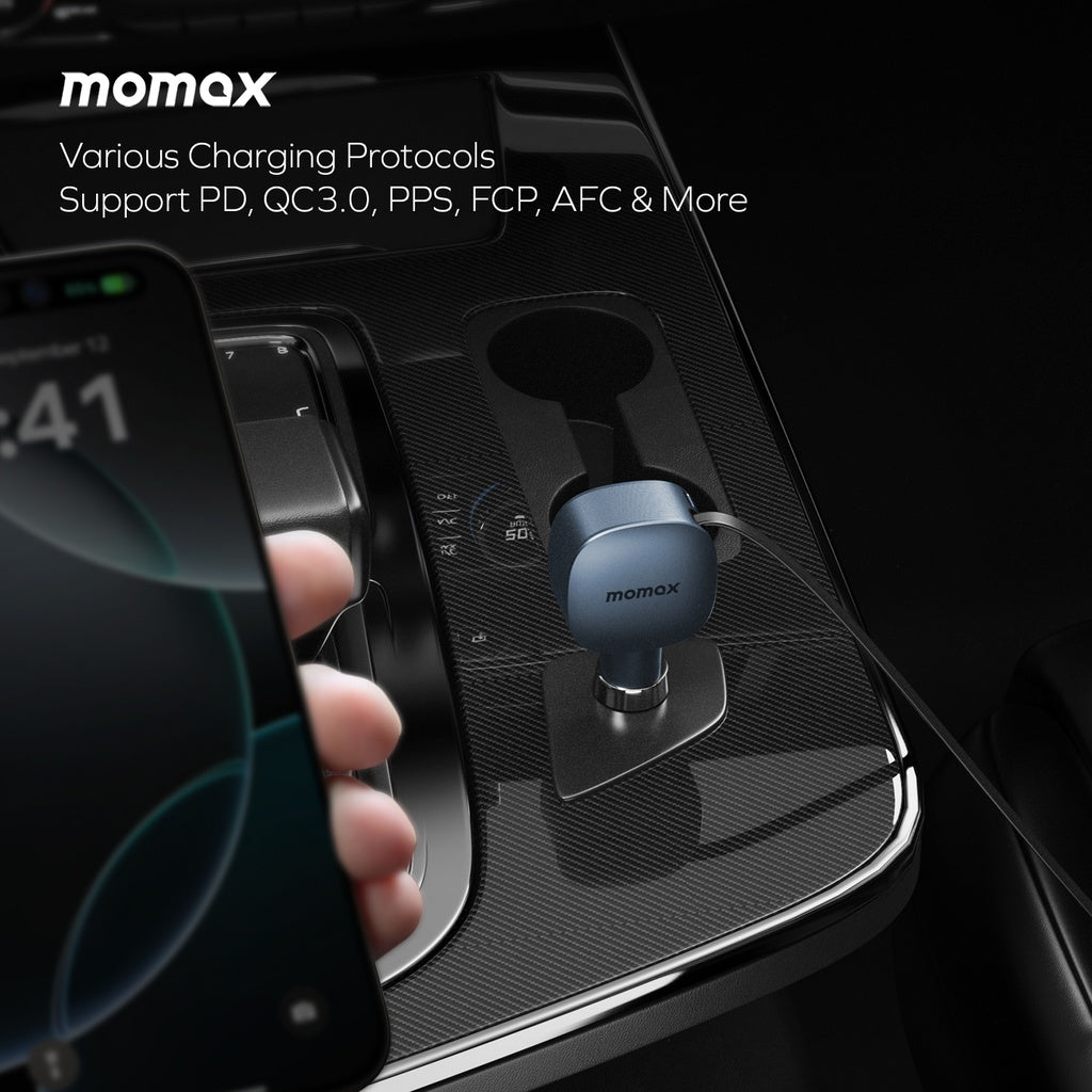 MOMAX 1-MOVE+ 60W 2-PORT CAR CHARGER WITH BUILT-IN RETRACTABLE CABLE