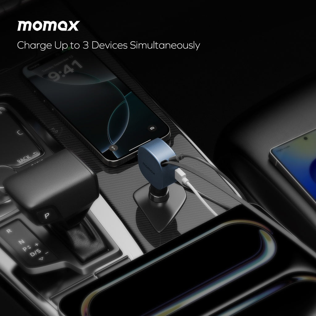 MOMAX 1-MOVE+ 60W 2-PORT CAR CHARGER WITH BUILT-IN RETRACTABLE CABLE