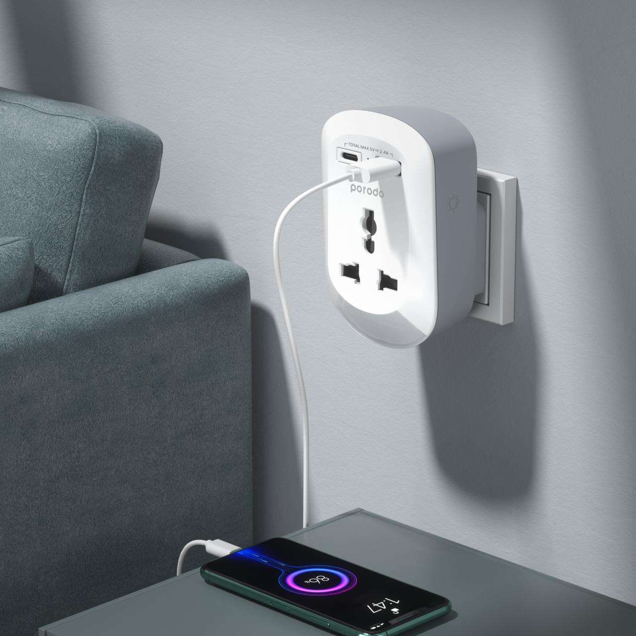 Porodo 3in1 Multi-type Socket with AC USB-A Type C UK - White