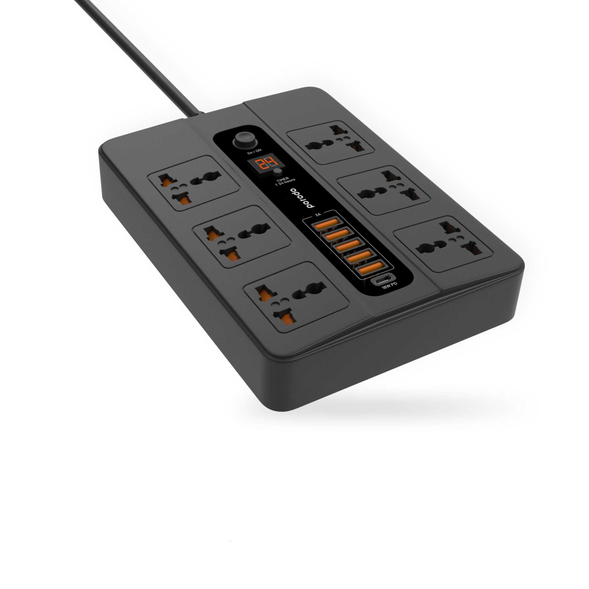 Porodo 6 AC 5 USB-A & USB-C PD Multiport Socket - Black