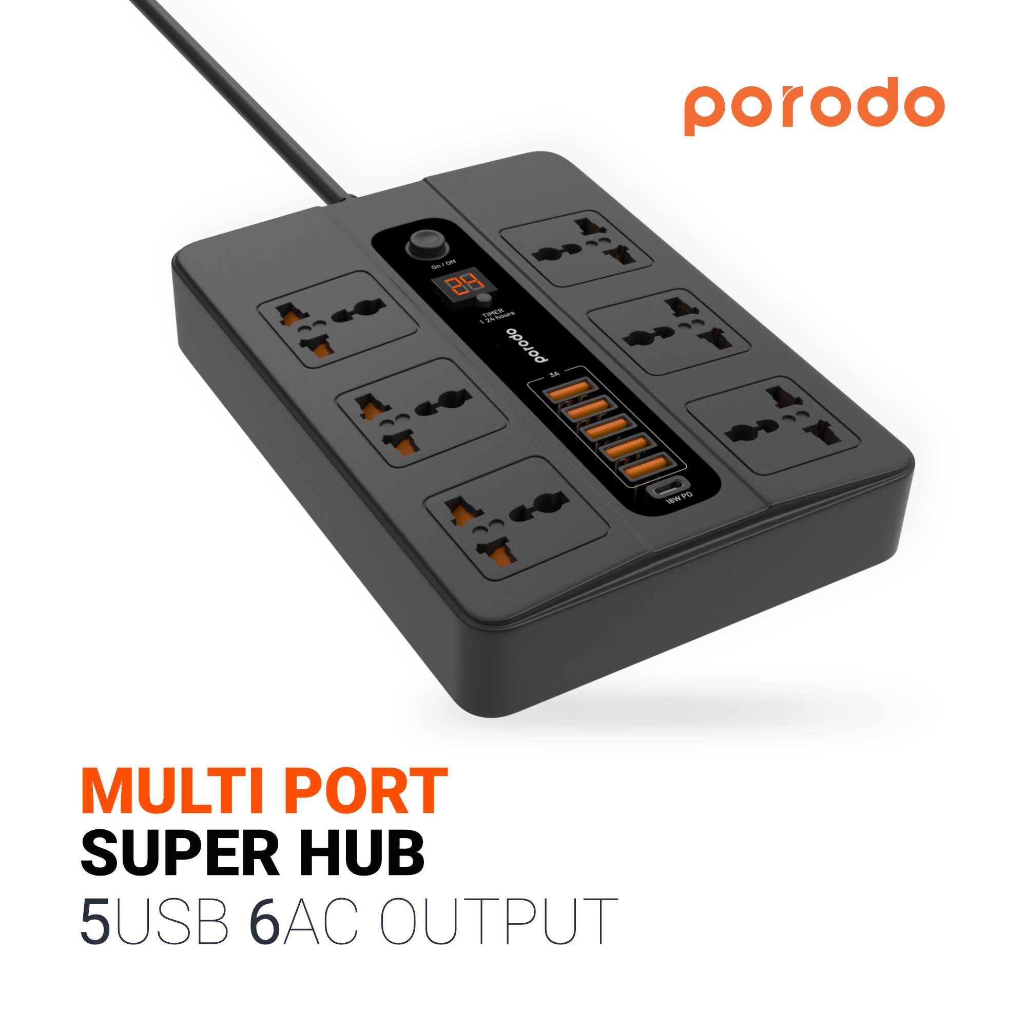 Porodo 6 AC 5 USB-A & USB-C PD Multiport Socket - Black