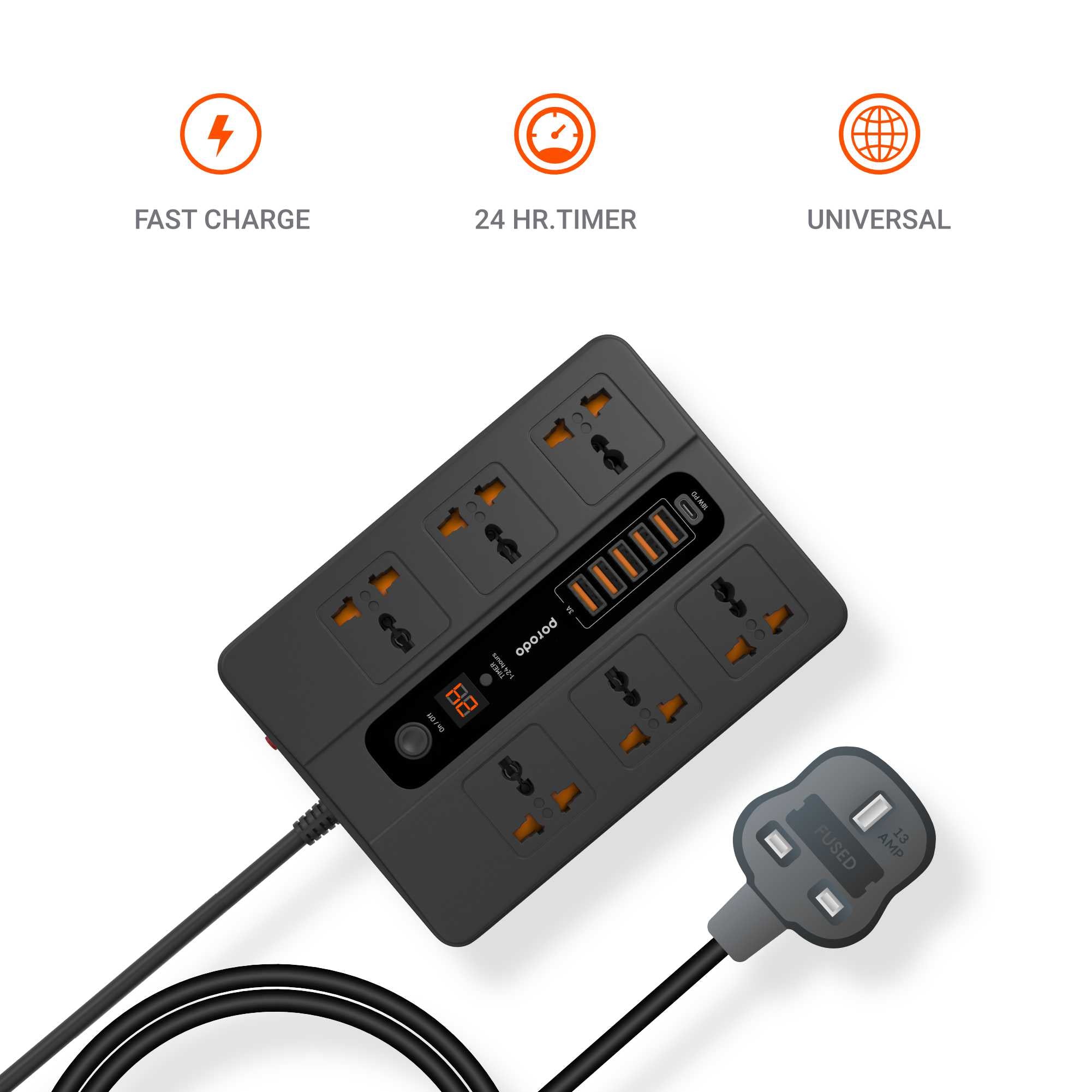 Porodo 6 AC 5 USB-A & USB-C PD Multiport Socket - Black