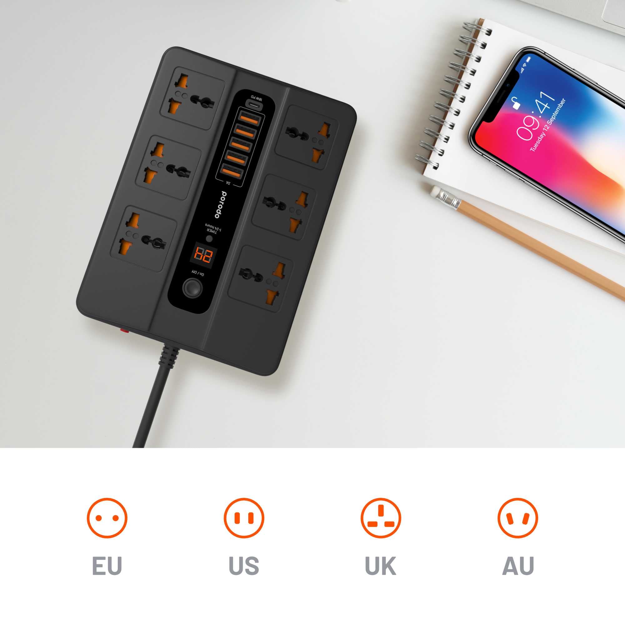 Porodo 6 AC 5 USB-A & USB-C PD Multiport Socket - Black