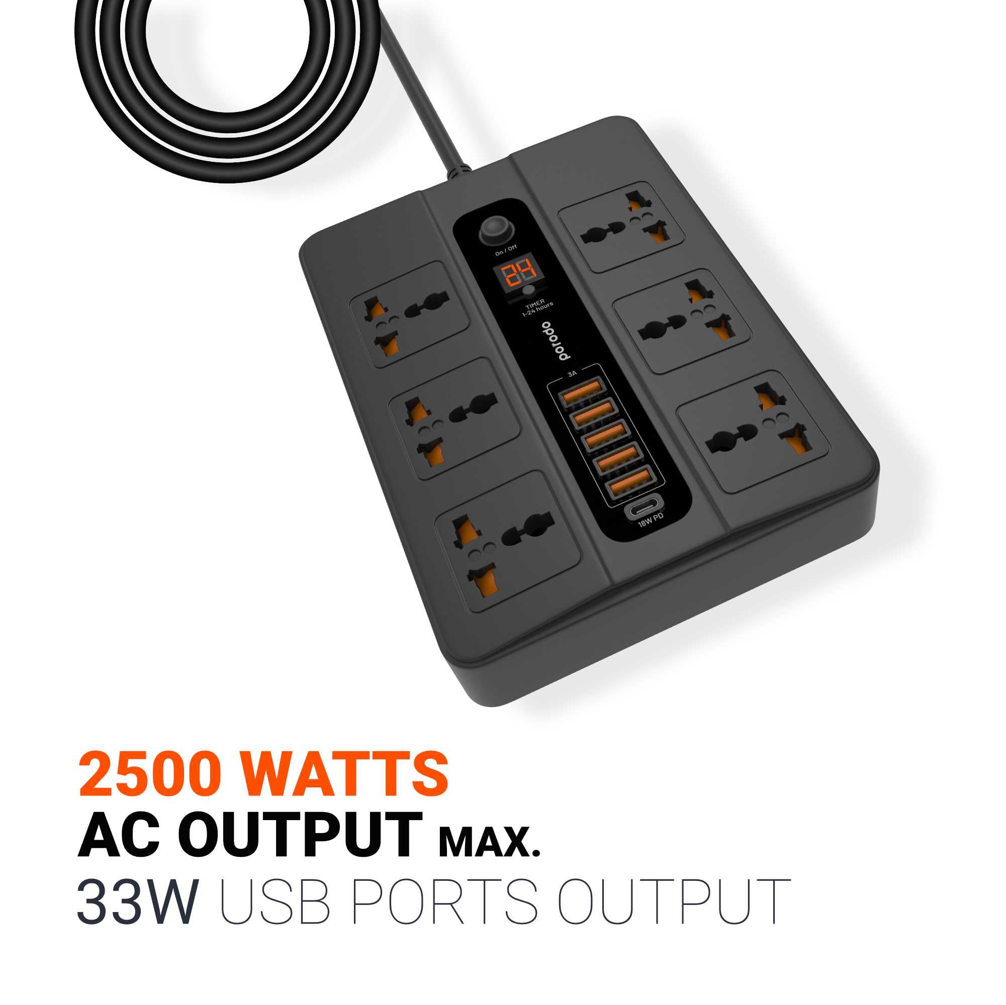 Porodo 6 AC 5 USB-A & USB-C PD Multiport Socket - Black