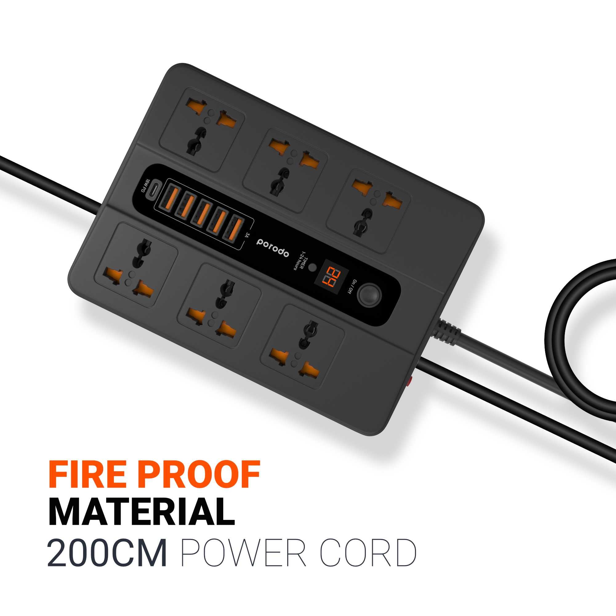 Porodo 6 AC 5 USB-A & USB-C PD Multiport Socket - Black
