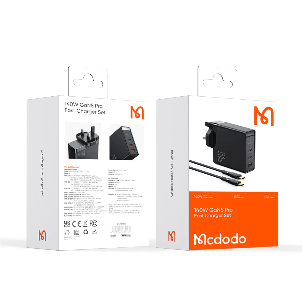 Mcdodo 140W GaN 5 Pro Dual Type-C + USB Fast Charger (UK plug)