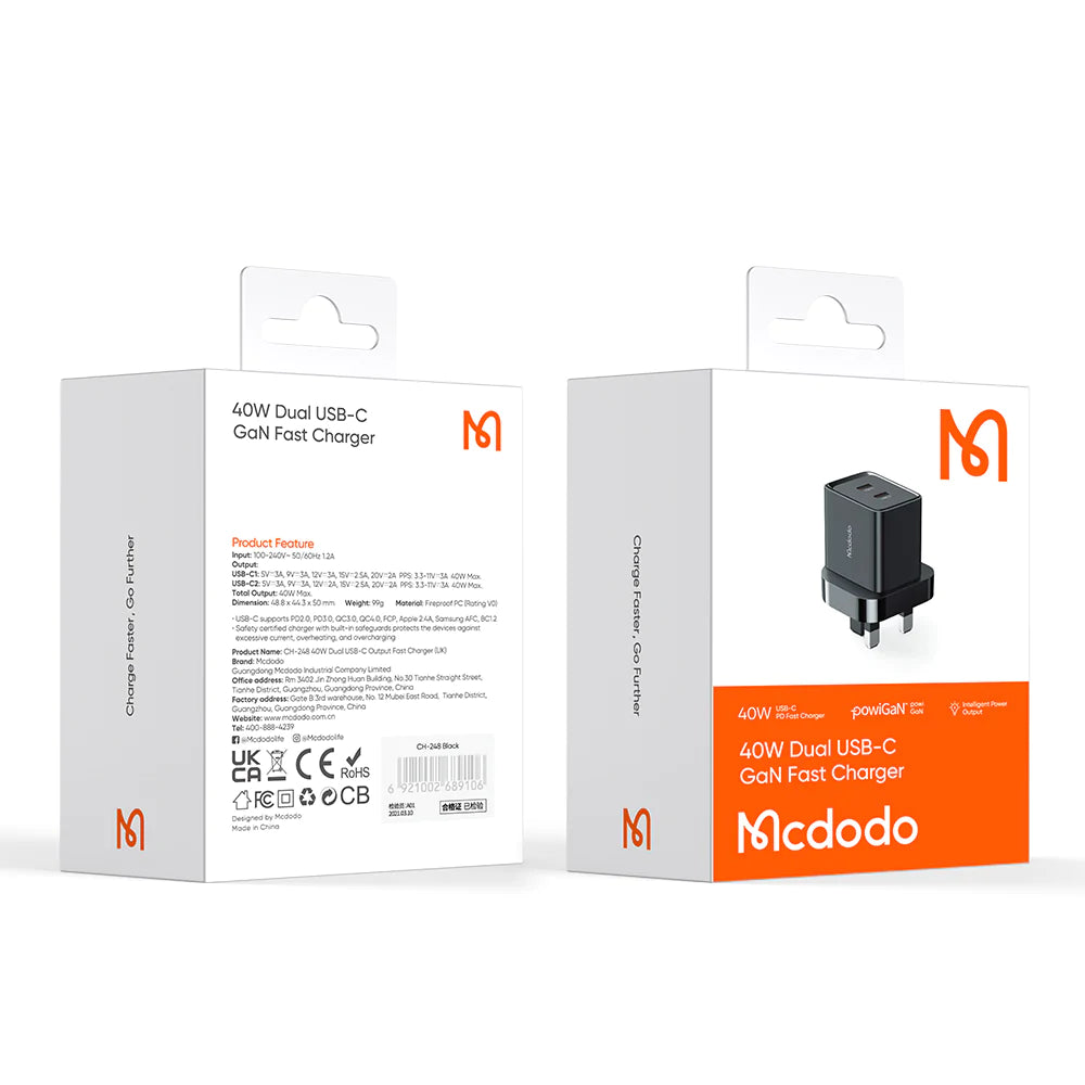 Mcdodo Lithum Series 40W Dual Type C PD Fast Charger (UK Plug)