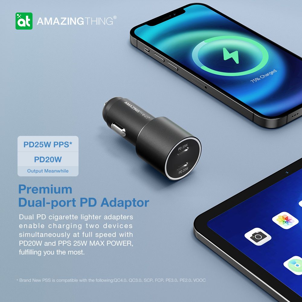 AMAZINGthing Speed Pro Car Charger 2-USB Type -C Ports 45W Q.C 3.0