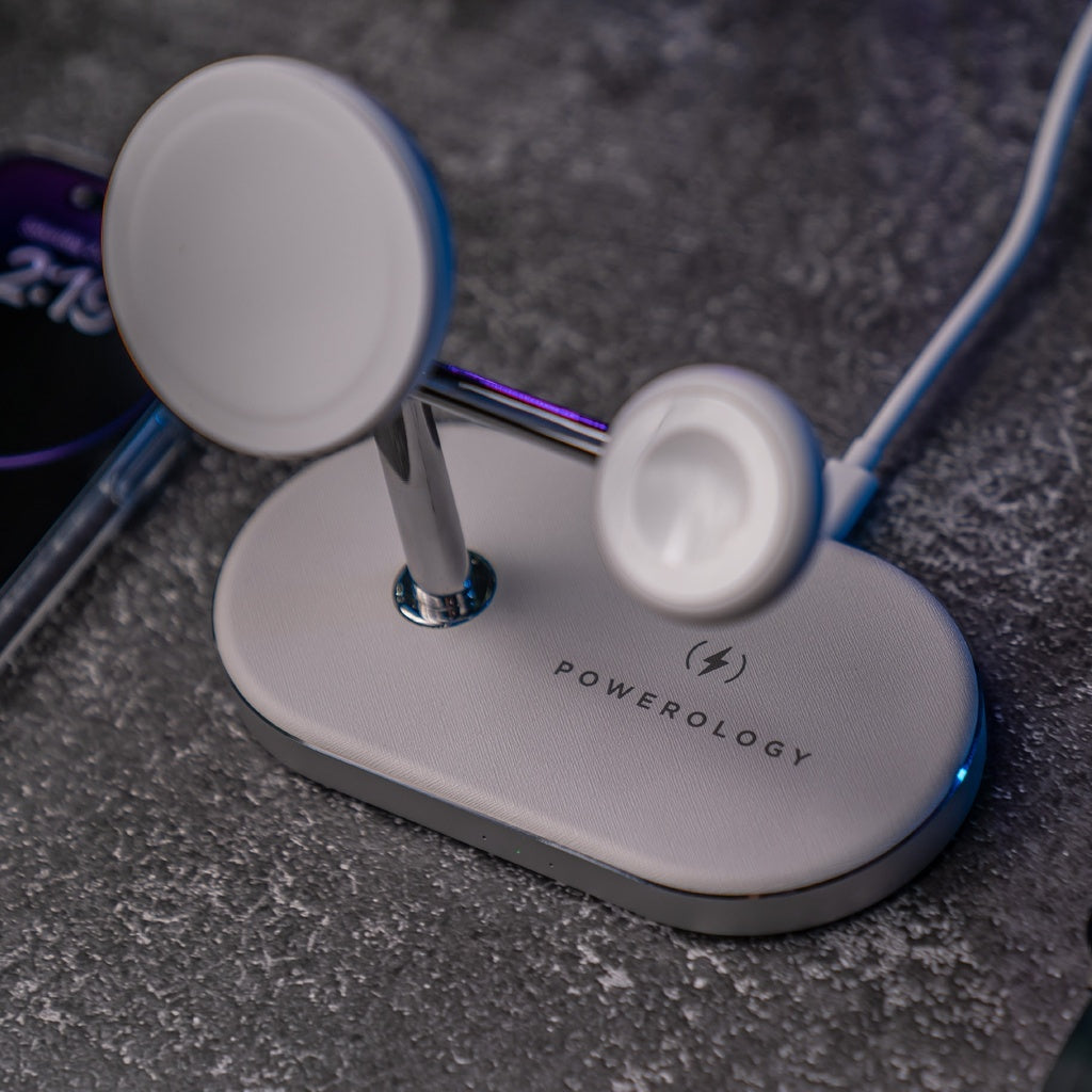 Powerology 30W 3 in 1 MFI Charging Dock with Built-it Apple Magsafe 15W - White