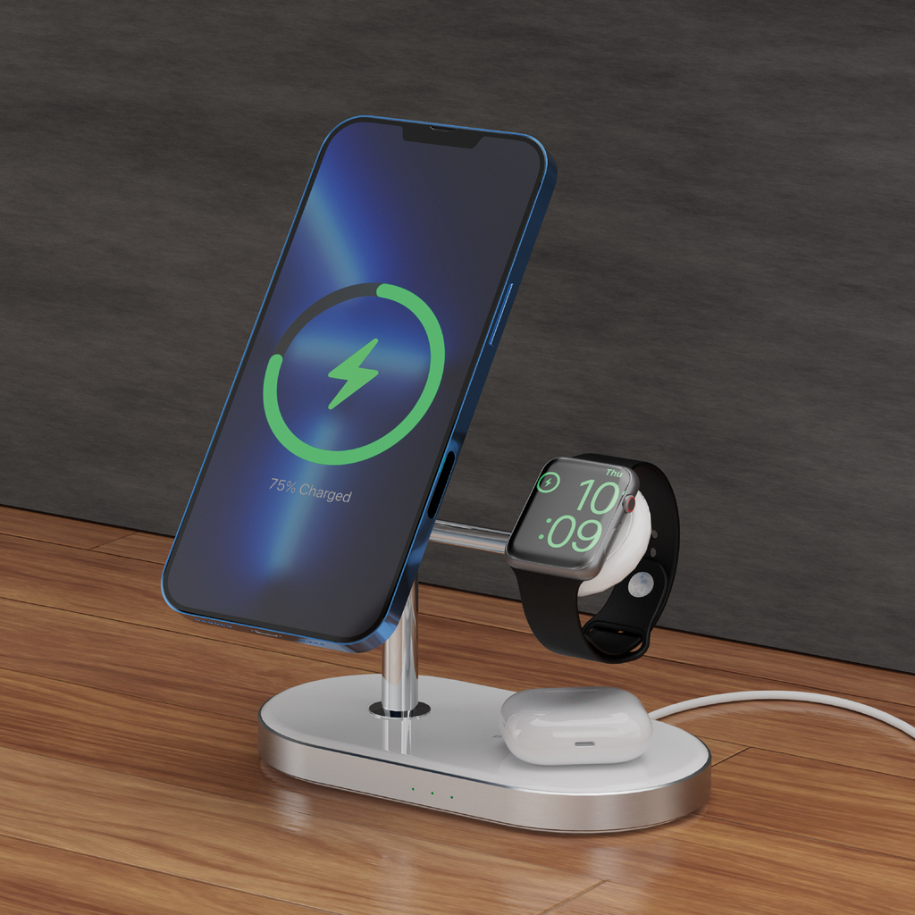Powerology 30W 3 in 1 MFI Charging Dock with Built-it Apple Magsafe 15W - White
