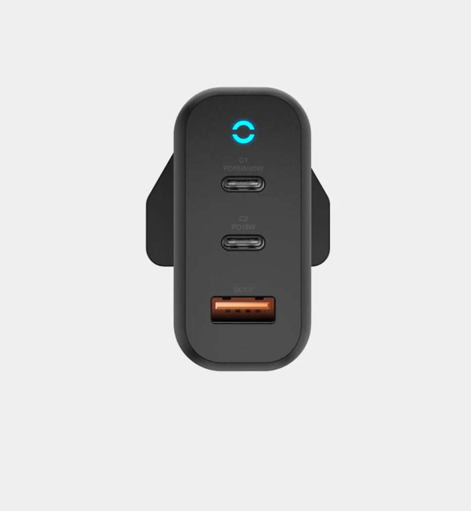 Energea AmpCharge GAN 65W DUAL USB-C + USB-A PD/PPS/QC3.0 Wall Charger - BLACK