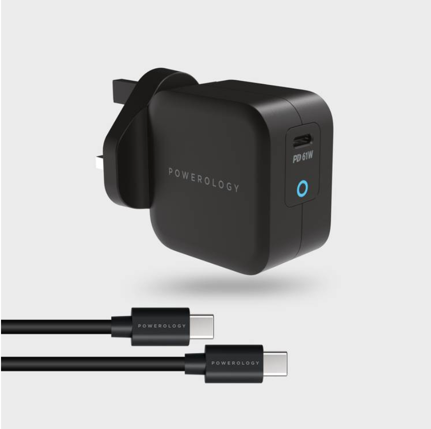 Powerology Ultra Compact 61W PD GAN Charger with Type-C to Type-C Cable 2M