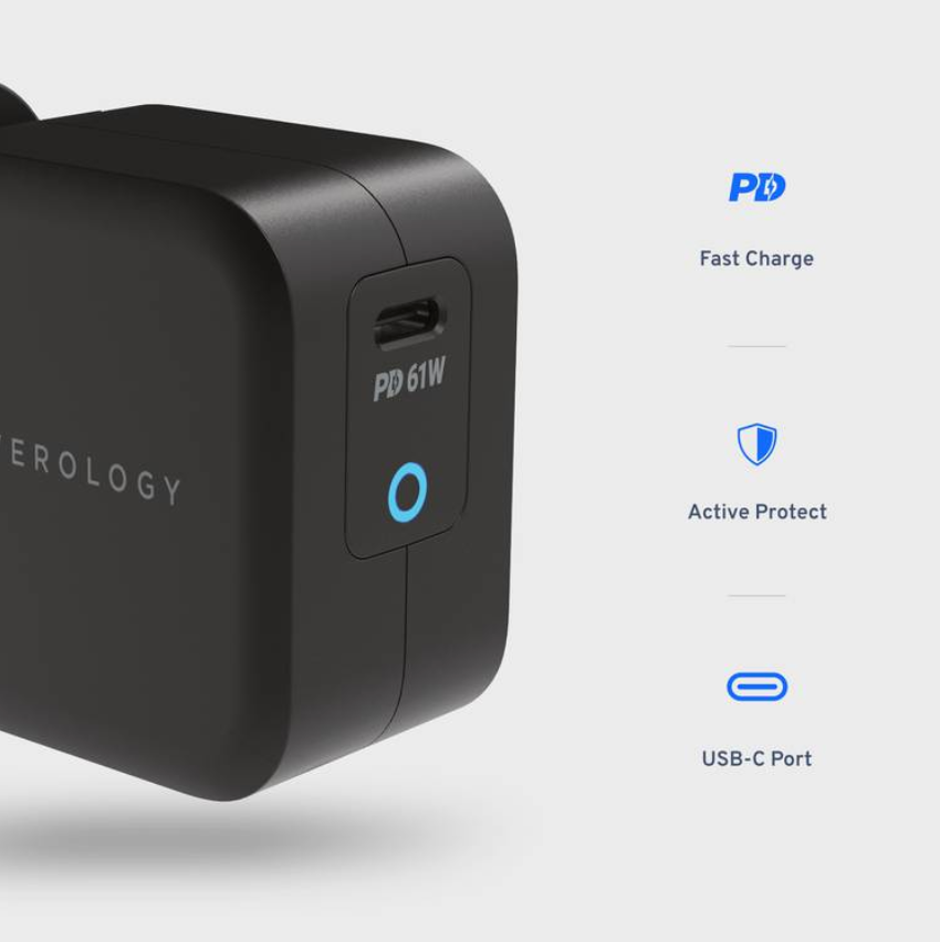 Powerology Ultra Compact 61W PD GAN Charger with Type-C to Type-C Cable 2M