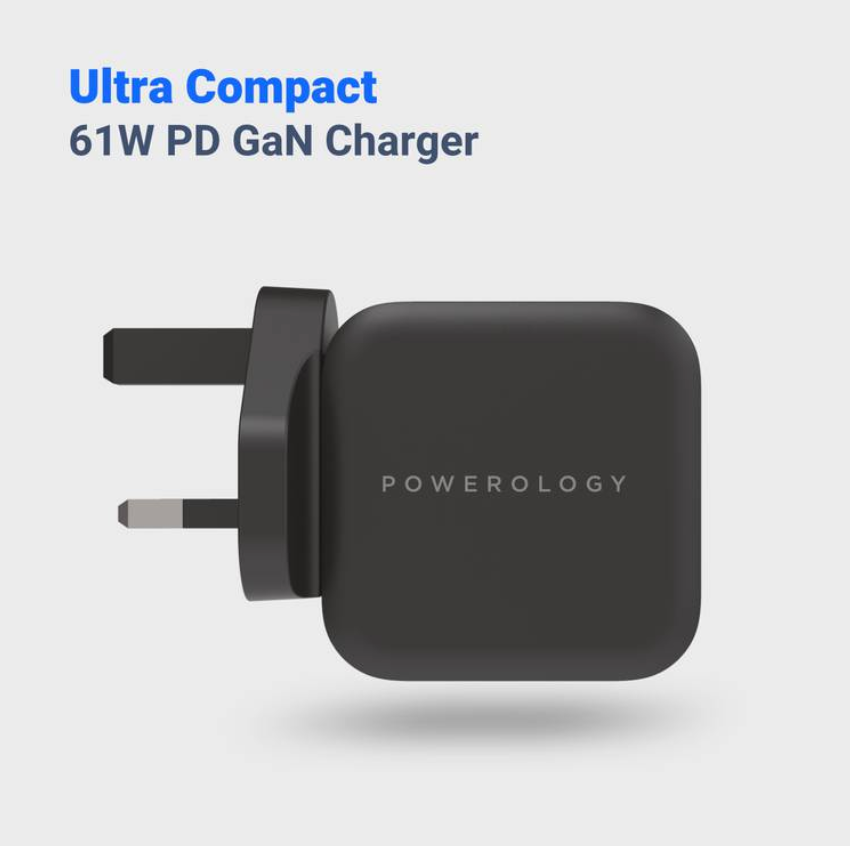 Powerology Ultra Compact 61W PD GAN Charger with Type-C to Type-C Cable 2M