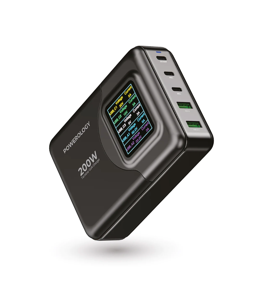 Powerology 200W GaN Smart Terminal With Display )3 PD Port + 2 Q.C Port( - Black