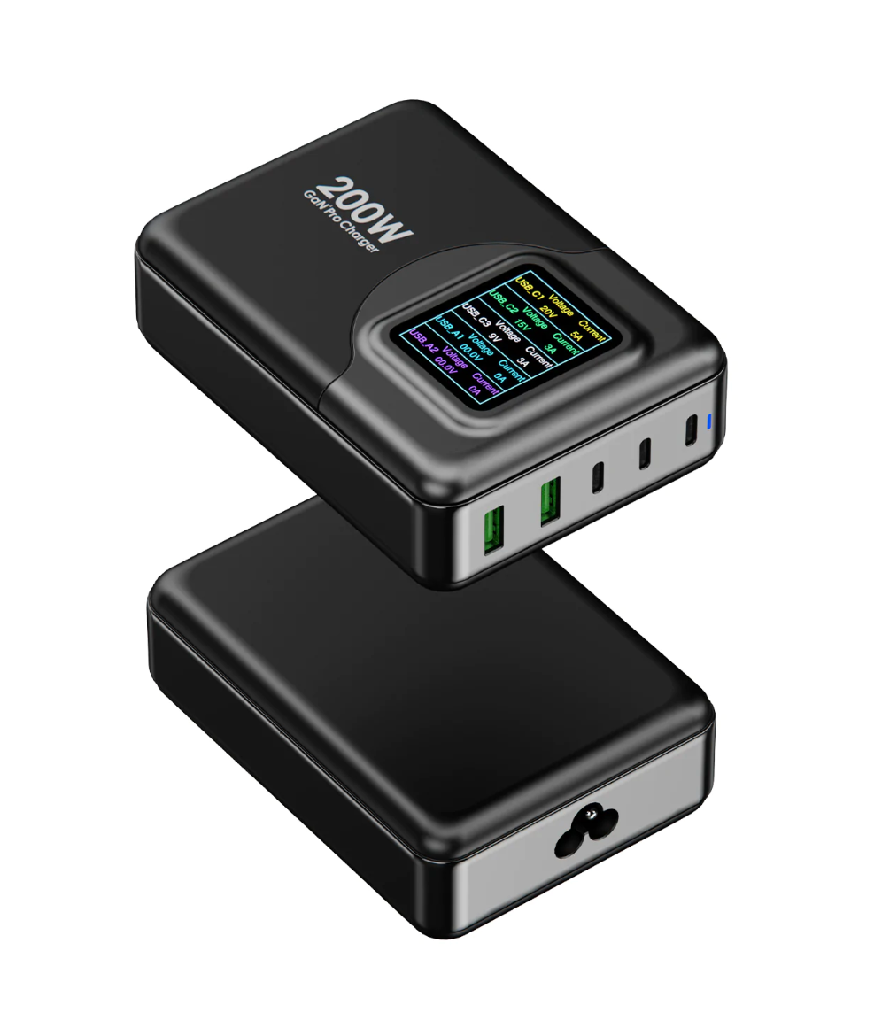 Powerology 200W GaN Smart Terminal With Display )3 PD Port + 2 Q.C Port( - Black