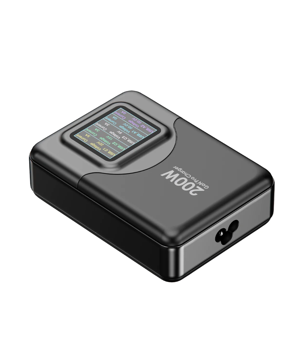 Powerology 200W GaN Smart Terminal With Display )3 PD Port + 2 Q.C Port( - Black
