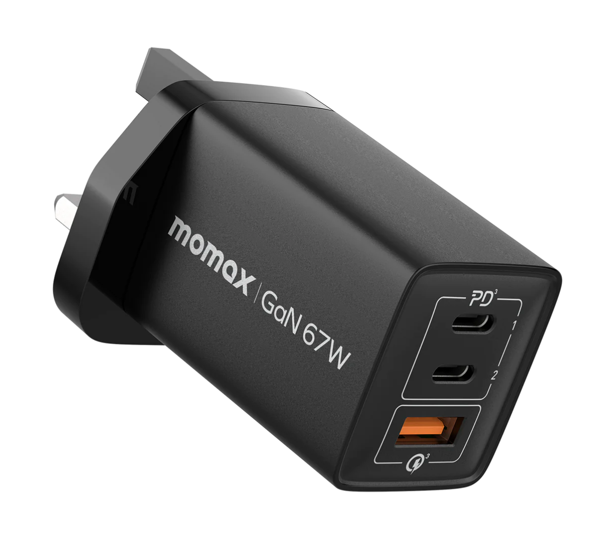 MOMAX ONE PLUG 67W 3-PORT GAN CHARGER BLACK